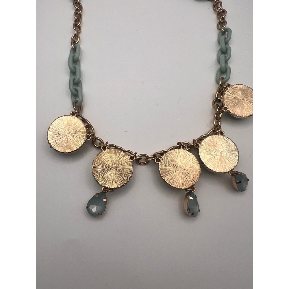 Mint Green Rose Rhinestone Statement Necklace Gold Tone Blue Teardrop Charms - Picture 7 of 9